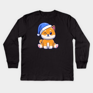 Cute Shiba Inu Dog Winter Sitting With Beanie Hat Cartoon Kids Long Sleeve T-Shirt